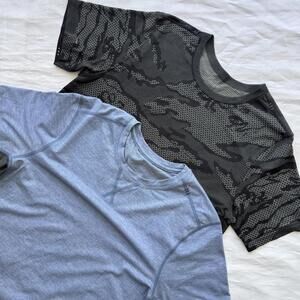 Lot Of 2 Lululemon Men’s Shirts Vent Breathe City Edition Blue Black Grey Camo